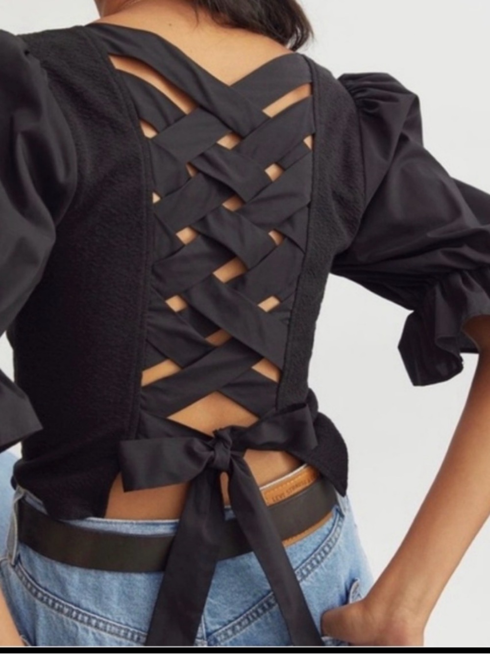 Sunday in Brooklyn Black Corset Top with Puff Sleeves - Size XS